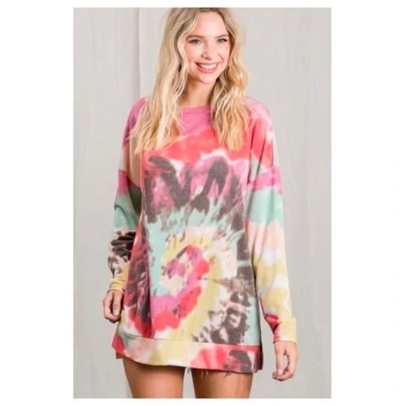 New!! French Terry Spiral Tie-Dye Print Long Sleeve Top with Round Neckline - Picture 6 of 10